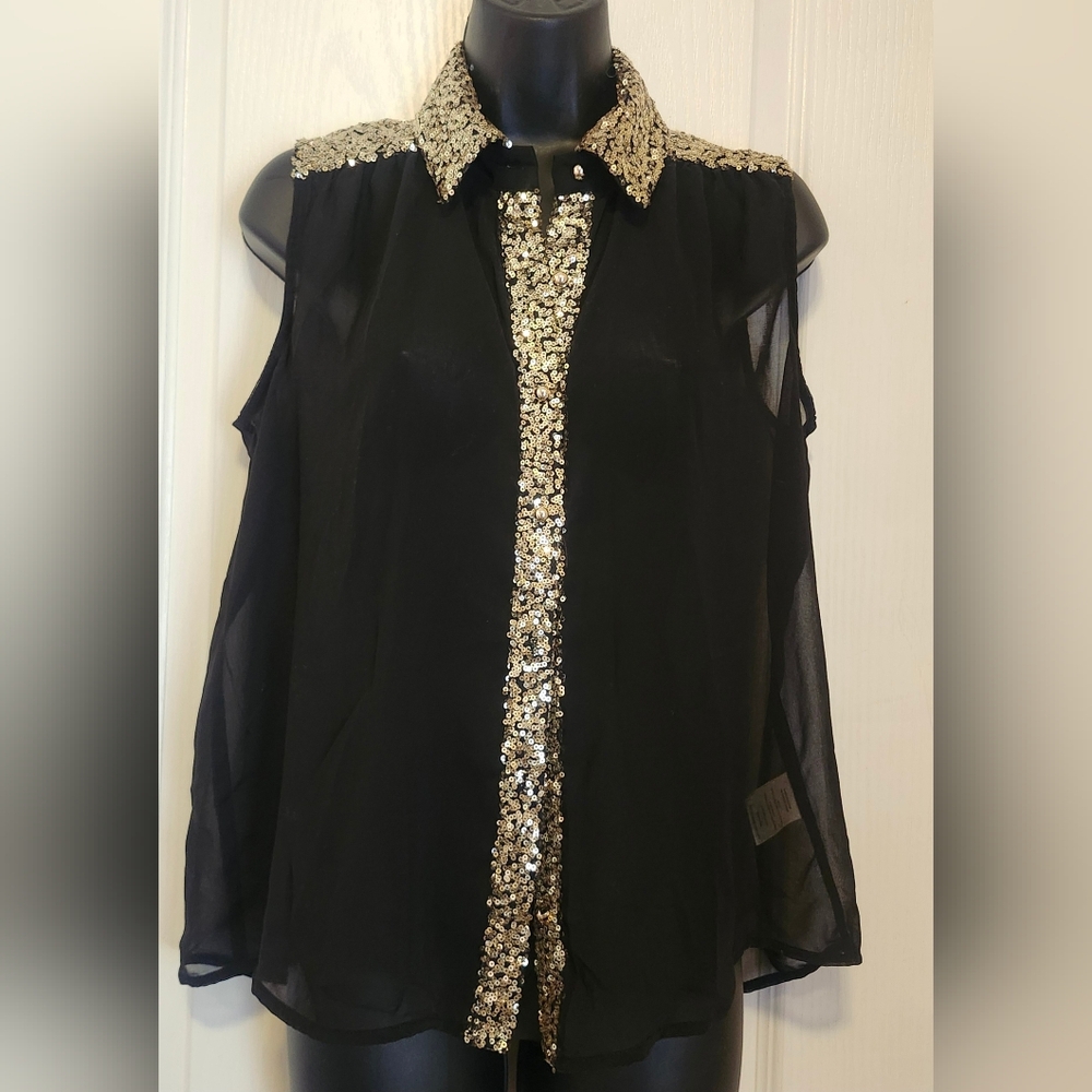 ISSI Sleeveless Black Sequin-Trim Button Down Blouse Size Small EUC